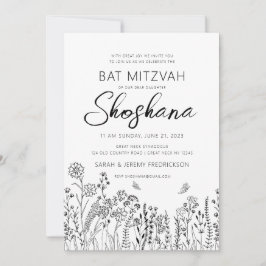 Convites Bat Mitzvah LETRA HEBRAICA MANUSCRITA Floral