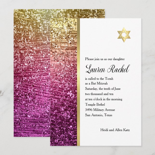 Convites Bat Mitzvah Magenta Rosa e Dourada Gliteria (Frente/Verso)