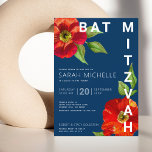 Convites Bat Mitzvah Marinho Azul Vermelho Floral Cor Moder<br><div class="desc">Tenha orgulho, alegria e mostre este marco do seu Bat Mitzvah favorito com este sofisticado e personalizado convite! Uma aquarela floral vermelha, chica, espantosa, com serifa san moderna sobrepõe um fundo azul marinho. Personalize o texto personalizado com o nome, a data e as informações do local do seu Bat Mitzvah....</div>