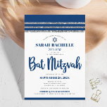 Convites Bat Mitzvah Marinho Blue Script Simple Modern Tall<br><div class="desc">Tenha orgulho, alegria e mostre este marco do seu Bat Mitzvah favorito! Enviar este convite legal, único, moderno e personalizado para um evento que se lembre. A tipografia de escrita azul-marinho, estrela de David e um talento gráfico listrado azul-marinho e prateado inspiraram uma camada gráfica simples e branca. Personalize o...</div>