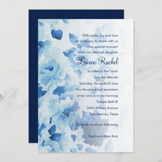 Convites Bat Mitzvah Marinho Blue Watercolor Floral (Frente/Verso)