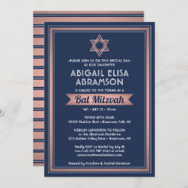 Convites Bat Mitzvah Marinho Moderno Cor Azul Rosa Dourada 