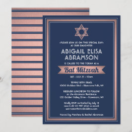 Convites Bat Mitzvah Marinho Moderno Cor Azul Rosa Dourada 