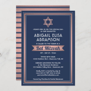 Convites Bat Mitzvah Marinho Moderno Cor Azul Rosa Dourada