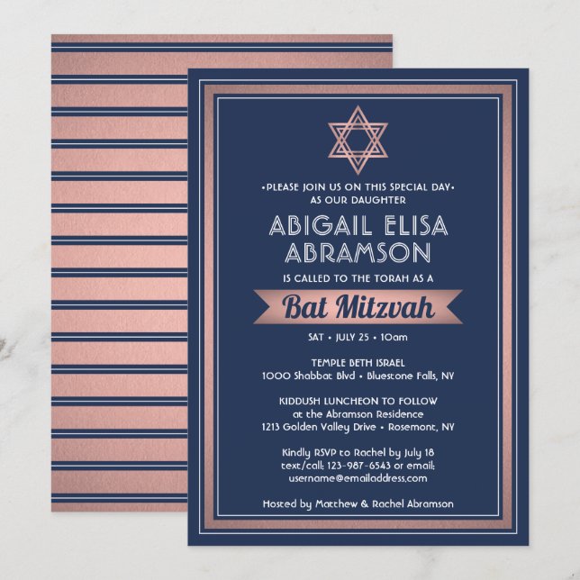 Convites Bat Mitzvah Marinho Moderno Cor Azul Rosa Dourada  (Frente/Verso)