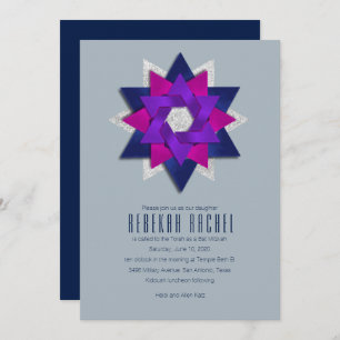Convites Bat Mitzvah Marinho Rosa Púrpura Flor Estrela