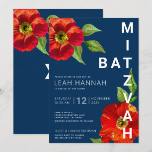 Convites Bat Mitzvah Marinho Vermelho Azul Floral Moderna