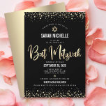 Convites Bat Mitzvah Modern Black Dourado Folheto<br><div class="desc">Tenha orgulho, alegria e mostre este marco do seu Bat Mitzvah favorito! Envie este convite impressionante, moderno, sofisticado e personalizado para um evento se lembrar. Escrita gráfica de caligrafia de folha de ouro, Estrela de David, e confetti, sobrepõem um fundo preto, rico e dramático. Uma estrela dourada falsa de David...</div>