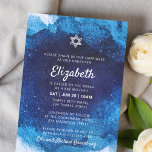 Convites Bat Mitzvah Modern Blue Watercolor<br><div class="desc">Composto por uma escrita lúdica e por tipografia serifônica; Tudo contra um pano de fundo azul de aquarela. Este foi projetado por materiais de terceiros selecionados,  exclusivos para o Zazzle. Disponível aqui: http://www.zazzle.com/selectpartysupplies</div>