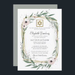 Convites Bat Mitzvah Modern Geometric Floral Star de David<br><div class="desc">O Design é composto de delicados botânicos florais de cor aquosa e folhagem verde de folha verde sobre um fundo branco simples. Uma estrela simples de David adorna a estrutura geométrica. 

Disponível aqui:http://www.zazzle.com/store/selectpartysupplies</div>
