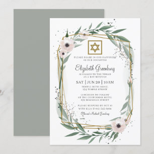 Convites Bat Mitzvah Modern Geométrico Estrela Floral de Da