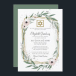 Convites Bat Mitzvah Modern Geométrico Estrela Floral de Da<br><div class="desc">O design é composto por uma delicada cor d'água,  botânica floral floral e folhagem verde folha verde sobre um fundo branco simples. Uma estrela simples de David adornou a estrutura geométrica. Disponível aqui: http://www.zazzle.com/store/selectpartysupplies</div>