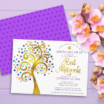 Convites Bat Mitzvah Modern Purple Gold Tree da Vida<br><div class="desc">Tenha orgulho, alegria e mostre este marco do seu Bat Mitzvah favorito! Esta folha de ouro falso gráfica com tartaruga cintilante, teal, roxo e azul Estrela de David e "folhas" de ponto em fundo branco é o convite perfeito para esta ocasião especial. Uma pequena estrela roxa escura de padrão David...</div>