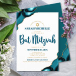 Convites Bat Mitzvah Modern Simples Turquesa Agate Script<br><div class="desc">Tenha orgulho, alegria e mostre este marco do seu Bat Mitzvah favorito! Enviar este convite legal, único, moderno e personalizado para um evento que se lembre. Tipografia do roteiro azul-escuro e estrela dourada-falsa de David sobrepõe um fundo branco simples e limpo com azul-turquesa acentuado com veias douradas falsas. Personalize o...</div>