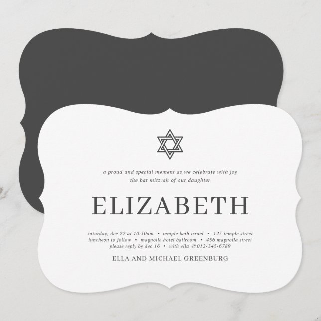 Convites Bat Mitzvah Modern Typografia (Frente/Verso)