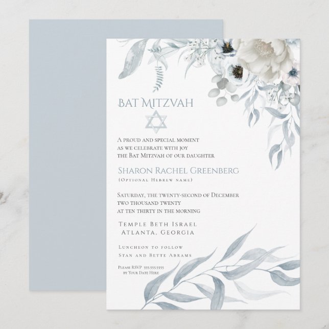 Convites Bat Mitzvah Modern Watercolor Dusty Blue Floral (Frente/Verso)