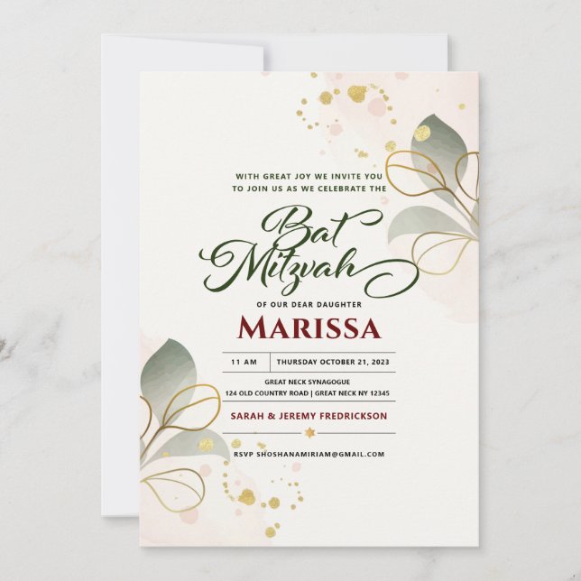 Convites Bat Mitzvah Modern Watercolor Floral Glitter Invi (Frente)