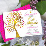 Convites Bat Mitzvah moderna, cor-de-rosa, árvore de folhas<br><div class="desc">Tenha orgulho, alegria e mostre este marco do seu Bat Mitzvah favorito! Esta falso folha de ouro gráfica com cor-de-rosa cintilante, laranja e Estrela vermelha de David e "folhas" de ponto em fundo branco é o convite perfeito para esta ocasião especial. Uma pequena estrela vermelha escura do padrão David sobre...</div>