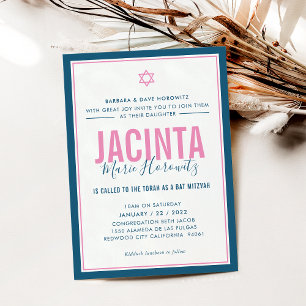 Convites BAT MITZVAH moderna estrela garota azul rosa simpl