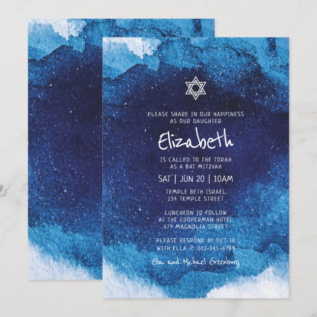 Convites Bat Mitzvah Moderna Tipografia Azul (Frente/Verso)
