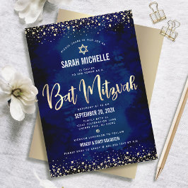 Convites Bat Mitzvah Moderno Azul Marinho Dourado Glitter F