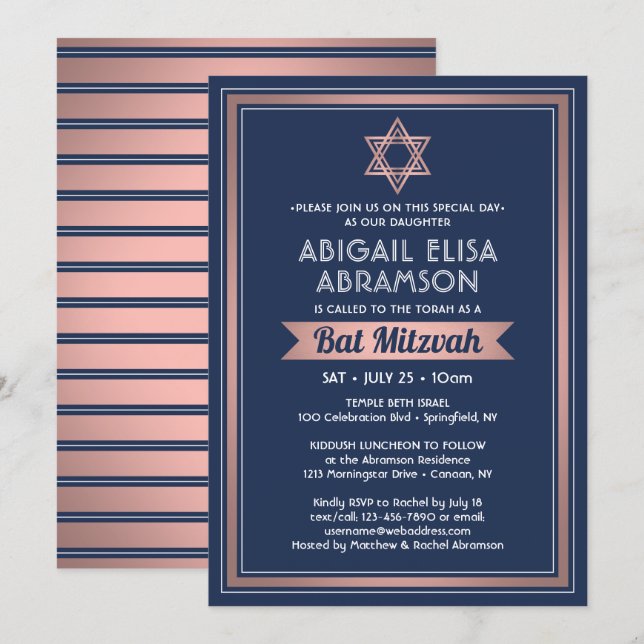 Convites Bat Mitzvah Moderno Azul Marinho Rosa Dourado Tend (Frente/Verso)