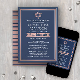 Convites Bat Mitzvah Moderno Azul Marinho Rosa Dourado Tend