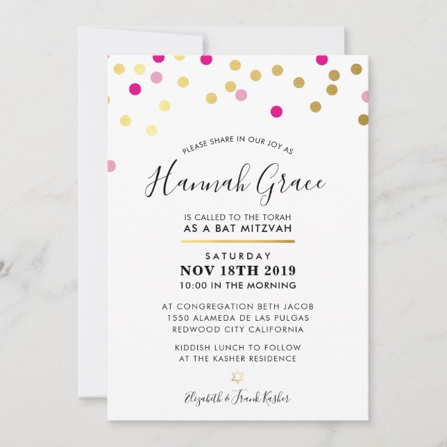 Convites BAT MITZVAH moderno confetti spots dourados cor-de (Frente)