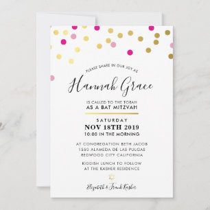 Convites BAT MITZVAH moderno confetti spots dourados cor-de