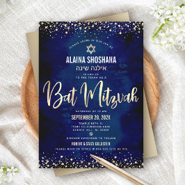 Convites Bat Mitzvah Moderno Dourado Folha Brilho Script