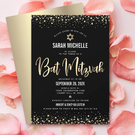 Convites Bat Mitzvah Moderno Dourado Preto Brilho Folha de 
