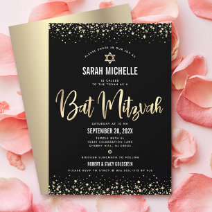 Convites Bat Mitzvah Moderno Dourado Preto Brilho Folha de