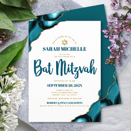 Convites Bat Mitzvah Moderno Simples Turquesa Ágata Script