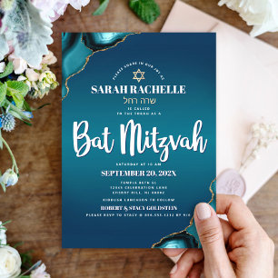 Convites Bat Mitzvah Moderno Turquesa Ombre Ágata Script