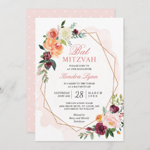 Convites Bat Mitzvah Moldura Dourada moderna Aquarela Flo