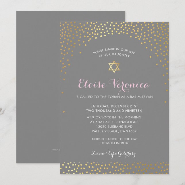 Convites BAT MITZVAH na moda mini confetti spot gold cinza (Frente/Verso)