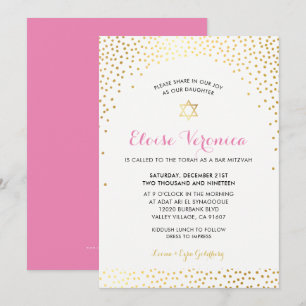 Convites BAT MITZVAH na moda mini confetti spot gold rosa