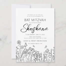 Convites Bat Mitzvah Na moda Script Floral Sketch