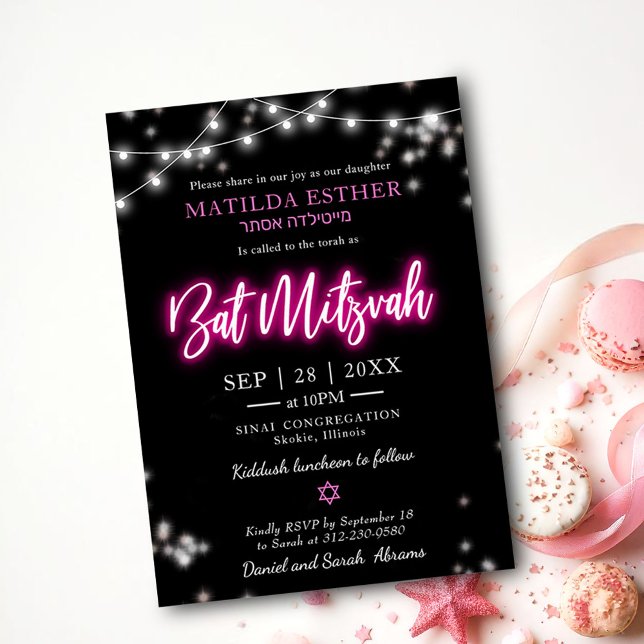 Convites Bat Mitzvah Neon Rosa Choque Tema (Criador carregado)