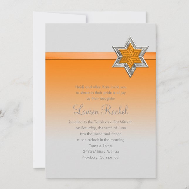 Convites Bat Mitzvah Orange Ombre Ribbon e Star (Frente)