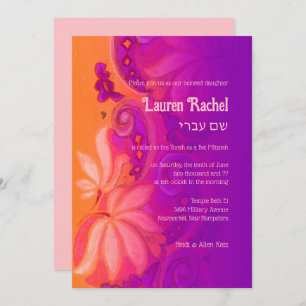 Convites Bat Mitzvah Orange Pink Purple Bohemian Floral