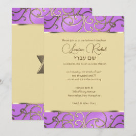 Convites Bat Mitzvah Orquídea Elegante Roxo Dourado Filigra
