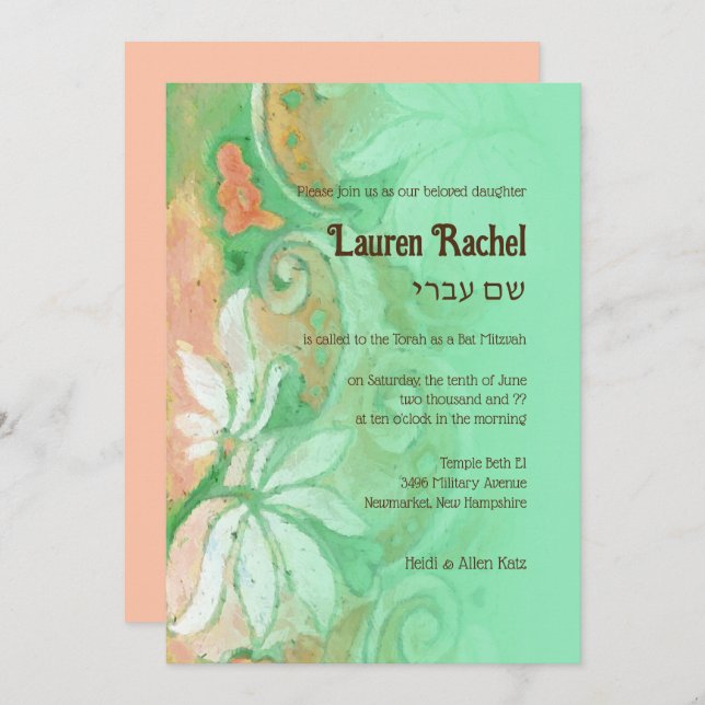Convites Bat Mitzvah Peach Mint Green Floral Watercolor (Frente/Verso)