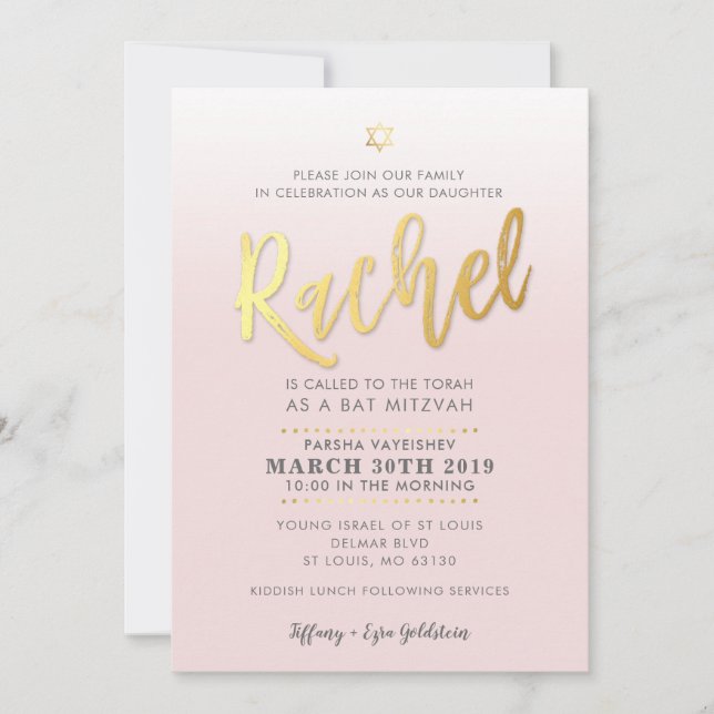 Convites Bat Mitzvah PERSONALIZADO Invite o RACHEL dourado  (Frente)