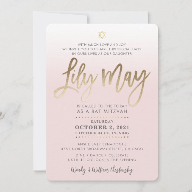 Convites Bat Mitzvah PERSONALIZADO Invite ouro rosa-claro L (Frente)