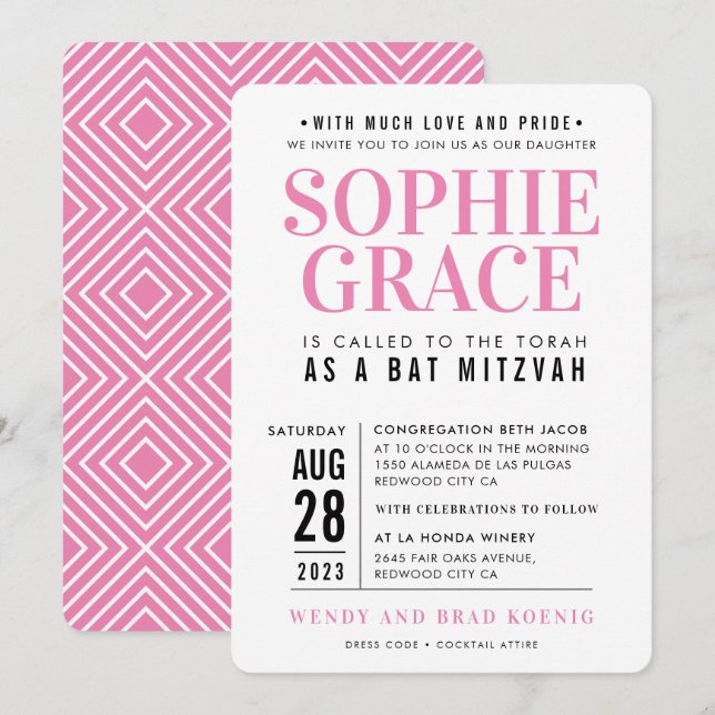 Convites BAT MITZVAH — Pilha geométrica moderna, rosa bonit (Frente/Verso)