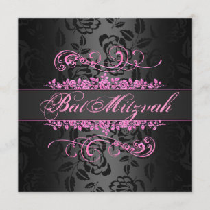 Convites Bat Mitzvah Pink/Black Rosa Swirl Aniversário