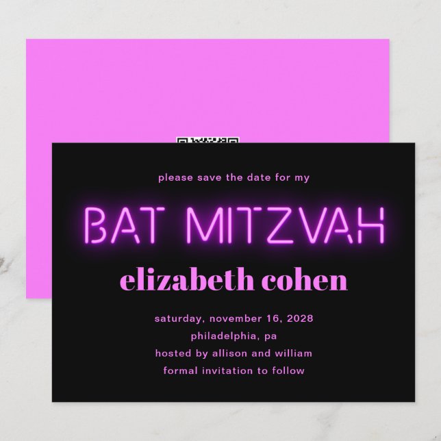 Convites Bat Mitzvah Pink Neon Luzes QR Código Salvar Data (Frente/Verso)