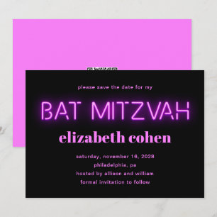 Convites Bat Mitzvah Pink Neon Luzes QR Código Salvar Data