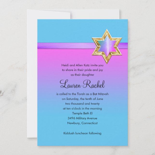 Convites Bat Mitzvah Pink Ombre Ribbon e Star (Frente)